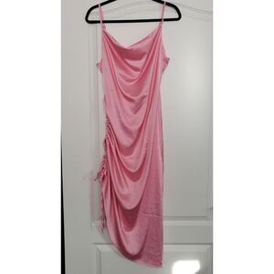 Pink Satin Ruched Bodycon Midi Dress Sleeveless Party Cocktail Sz M Y2K Clubbing